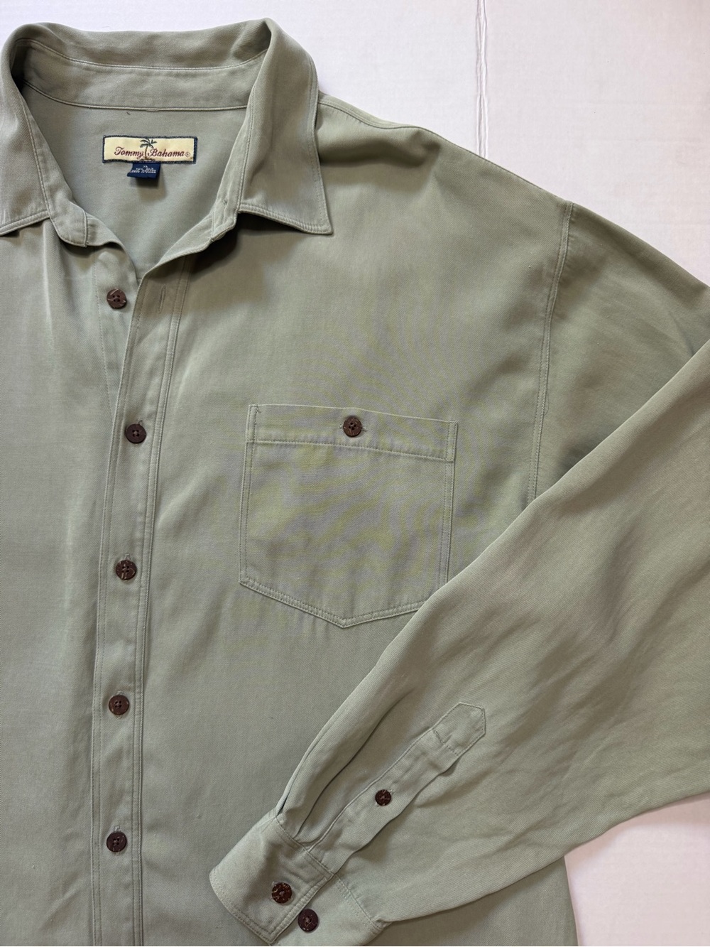 Tommy Bahama Mens Olive Green Button Down Long Sleeve Silk Cotton Size XL